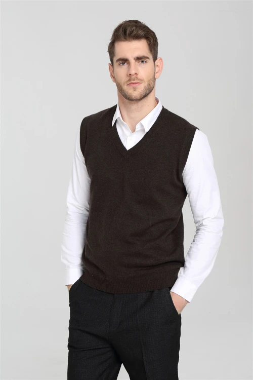 Wholesale men's long Sleeve V-neck cashmere vest for Fall Winter EM16W002s OEM China supplier