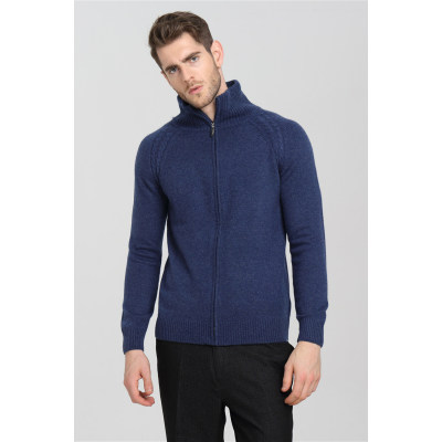 Wholesale high quality men blue zipper with half high collar cashmere cardigan China factory