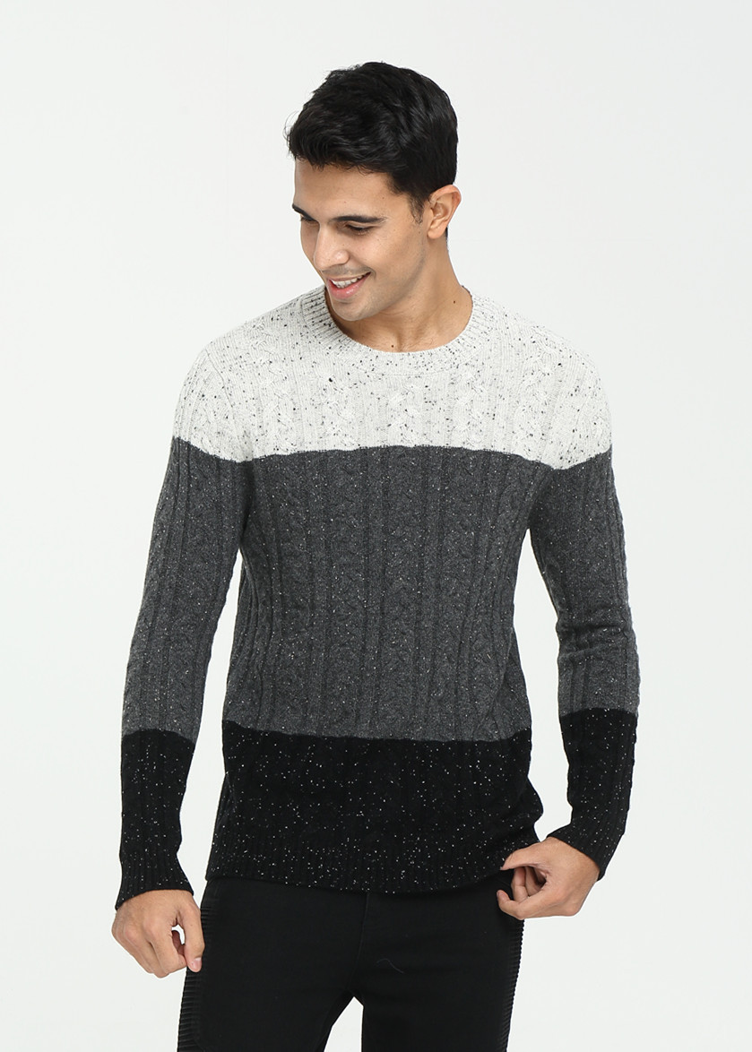 men's long sleeve crew neck constrast colour cashmere sweater