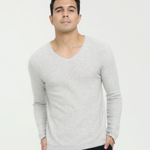 suéter de pura cachemira con cuello en v y manga larga para hombre, estampado liso