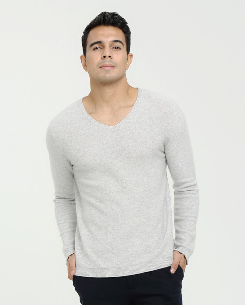 suéter de pura cachemira con cuello en v y manga larga para hombre, estampado liso