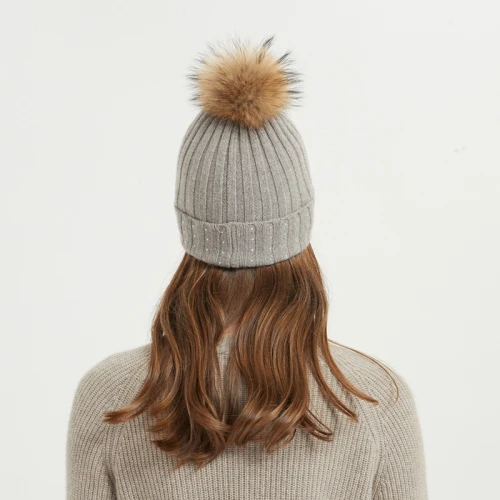 Wholesale high quality cable rib cashmere hat/beanie with stone and fur pom pom