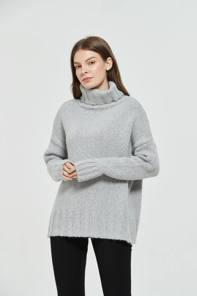 OEM factory fashionable ladies turtleneck fancy yarn mohair pullover knitwear from Chinese supplier