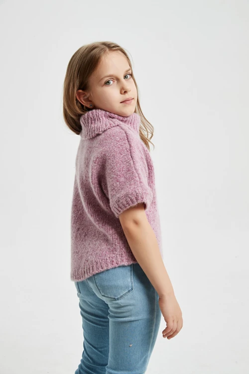 Hot sale customized service girl's half sleeve fancy cashmere pink sweater by Chinese factory