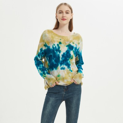 Custom design high quality ladies round neck tie dye wool cashmere pullover knitwear for fall winter