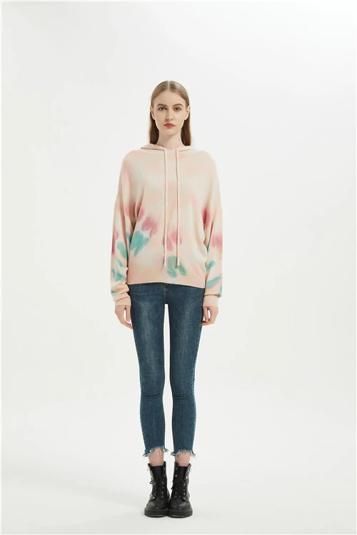 High quality wholesale women tie dye printed wool cashmere hoodie jumper