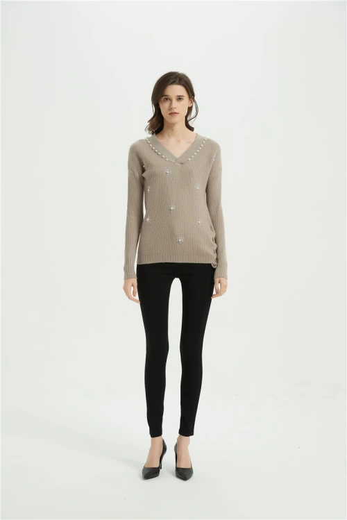 wholesale OEM design women high quality cashmere sweater with simulated pearls