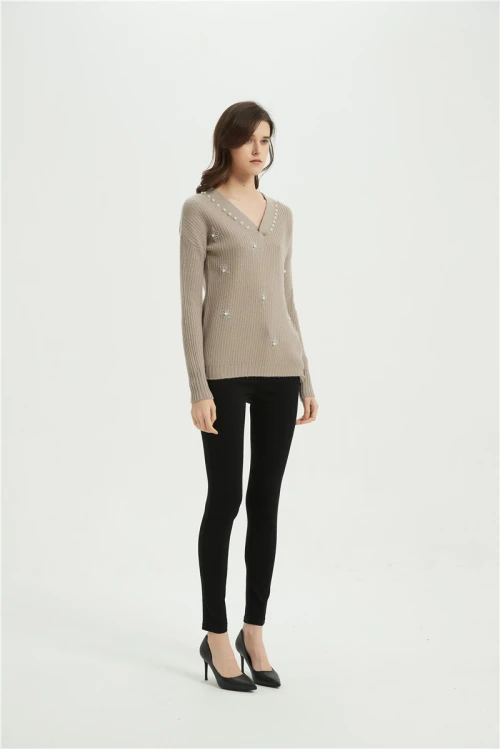 wholesale OEM design women high quality cashmere sweater with simulated pearls