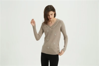 wholesale OEM design women high quality cashmere sweater with simulated pearls