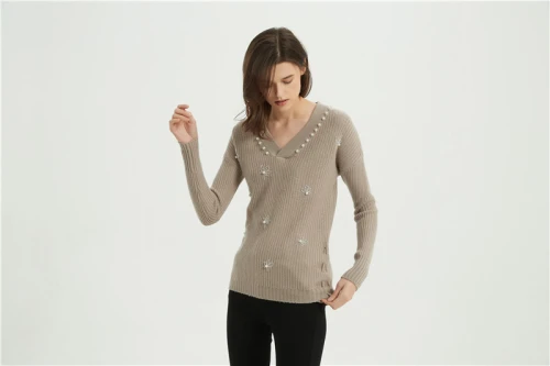 wholesale OEM design women high quality cashmere sweater with simulated pearls