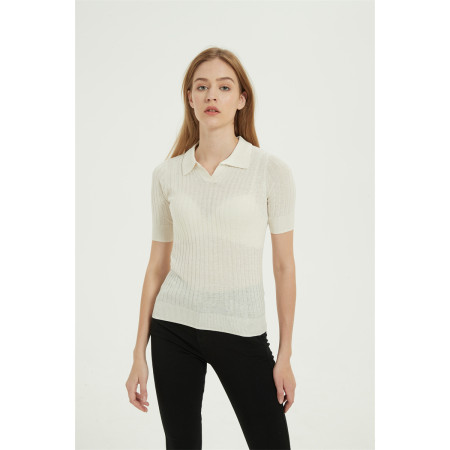 Formal sweater with polo collar knitted by Anti-Bacterial silk cashmere in white color