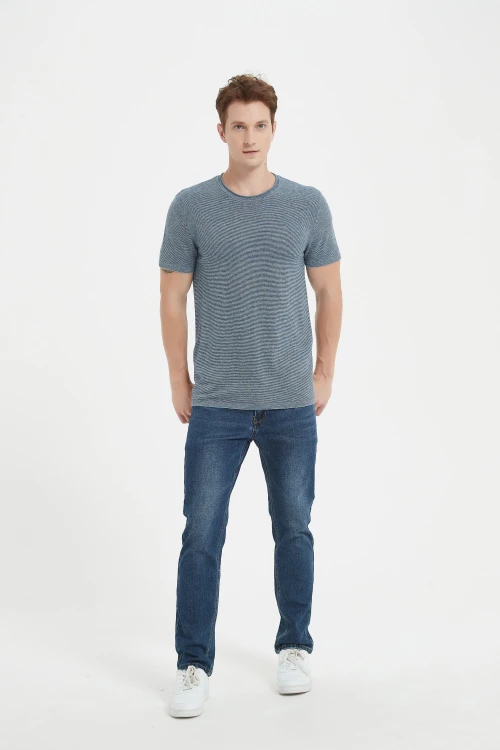 OEM men's pure cashmere roll neck stripe tee with marl yarn pullover sweater China manufacturer