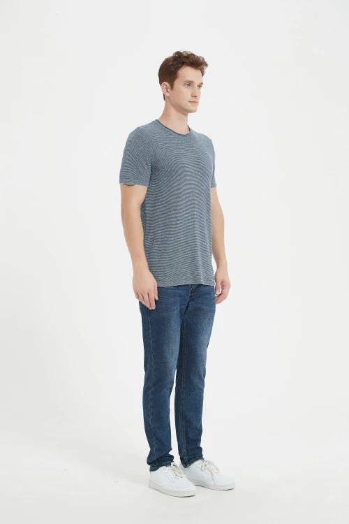 OEM men's pure cashmere roll neck stripe tee with marl yarn pullover sweater China manufacturer