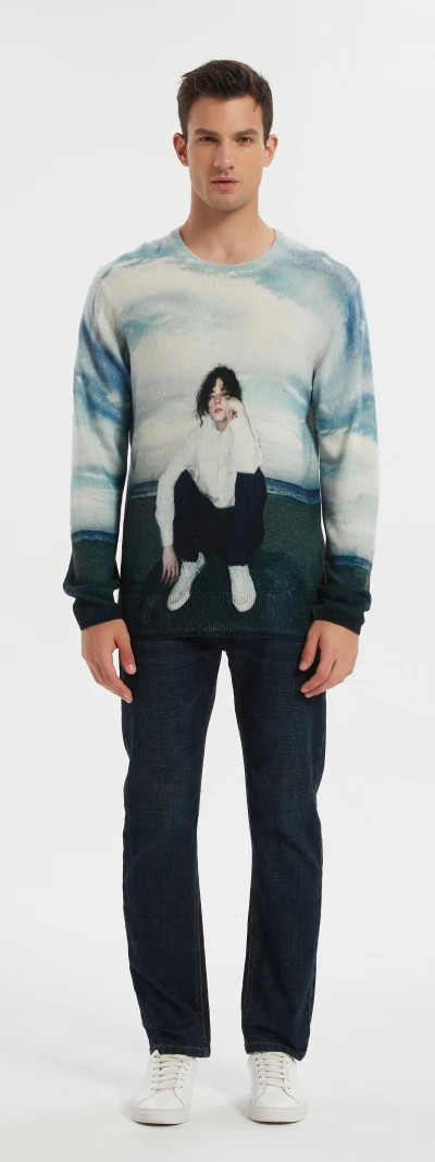 New design men's digital printing crew neck cashmere sweater from chinese factory