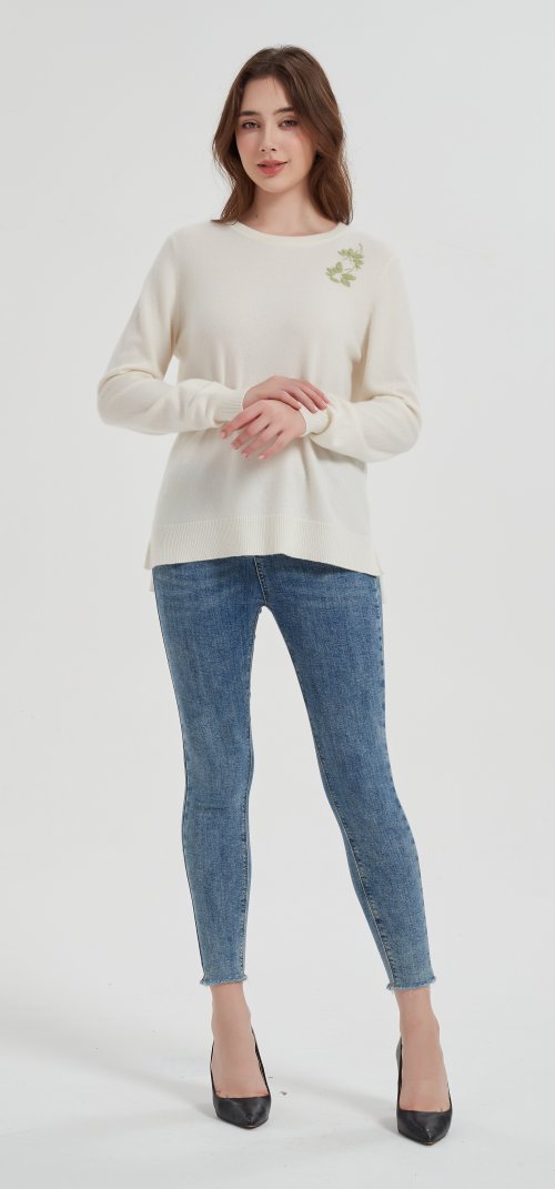 OEM wholesale high quality Women's hand embroidery crewneck cashmere sweater from China