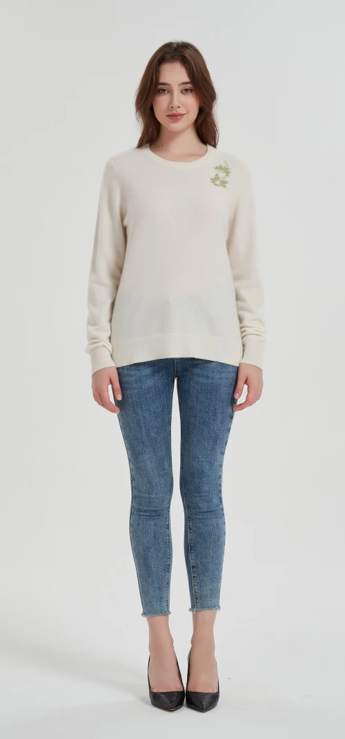 OEM wholesale high quality Women's hand embroidery crewneck cashmere sweater from China
