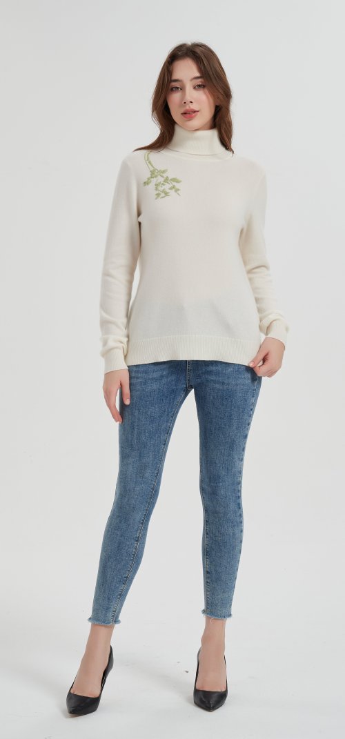 High quality Women's hand embroidery turtleneck cashmere sweater from Chinese