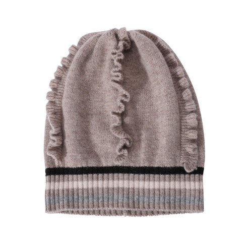 Wholesale OEM New Design High Quality Ladies Pure Cashmere Beanie with Ruffles For Fall Winter