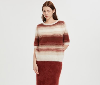 New design high quality Women's Short Sleeve 100%  Stripe Brushed Cashmere Sweater from China