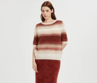 New design high quality Women's Short Sleeve 100%  Stripe Brushed Cashmere Sweater from China