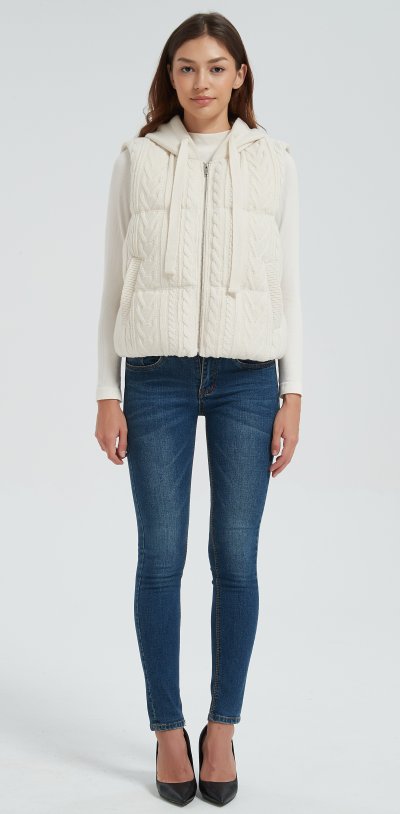 High quality women white hooded cashmere down vest from Chinese manufacture