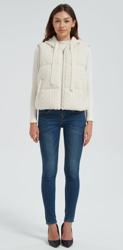 High quality women white hooded cashmere down vest from Chinese manufacture