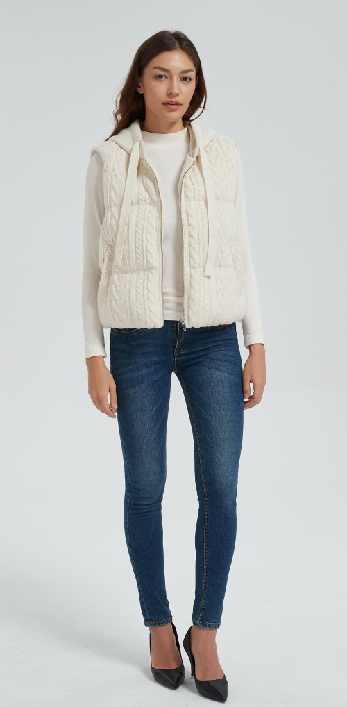 High quality women white hooded cashmere down vest from Chinese manufacture