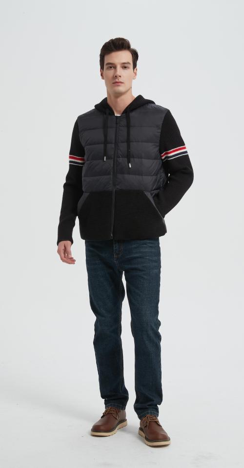 New design men's hooded striped warm cashmere down jacket from China