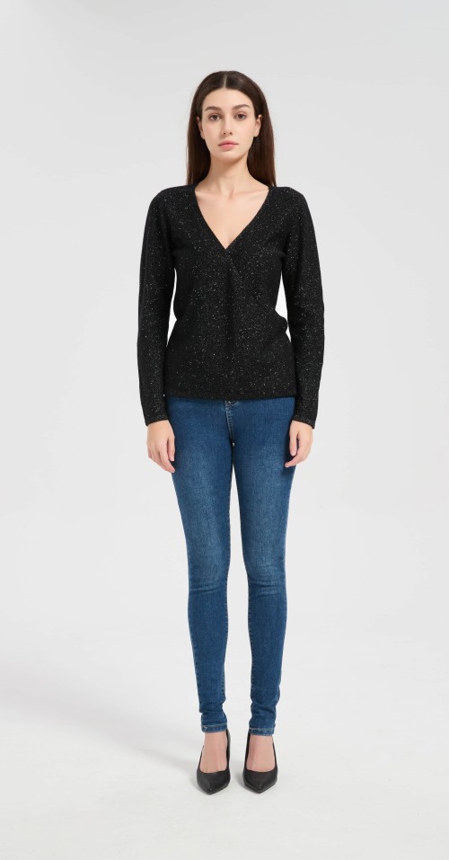 Wholesale custom design women's lurex cashmere V-neck sweater from Chinese factory