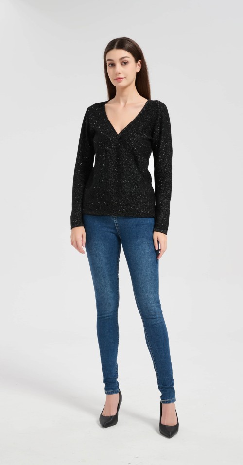 Wholesale custom design women's lurex cashmere V-neck sweater from Chinese factory