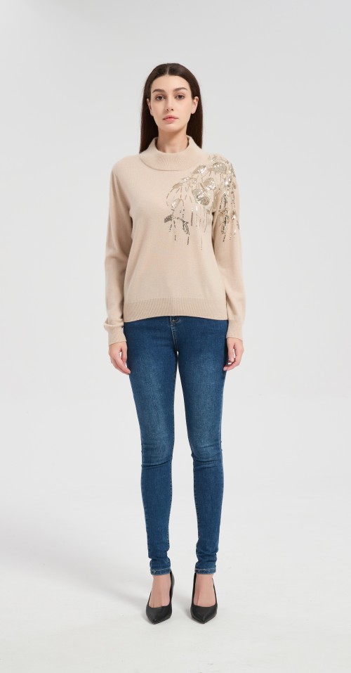 Wholesale custom design women's sequin embroidery cashmere sweater from Chinese factory