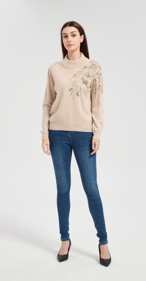 Wholesale custom design women's sequin embroidery cashmere sweater from Chinese factory