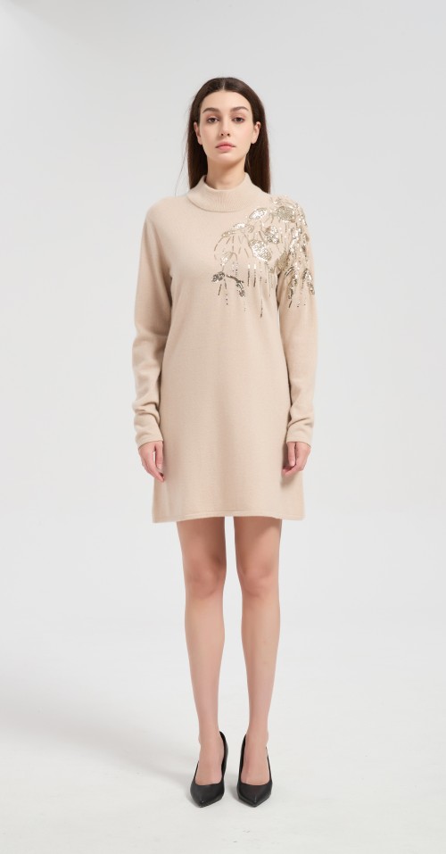 Wholesale custom design women's sequin embroidery pure cashmere dress from Chinese factory
