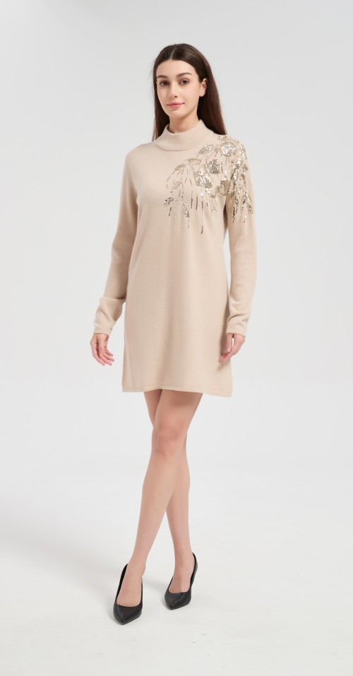 Wholesale custom design women's sequin embroidery pure cashmere dress from Chinese factory