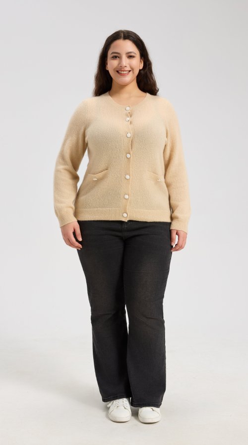 New Design Women's Mock Pocket Crew Neck Cardigan From Chinese Manufacturer