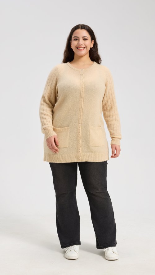 New Design Women's Oatmeal Longline Buttoned Cashmere Cardigan From China