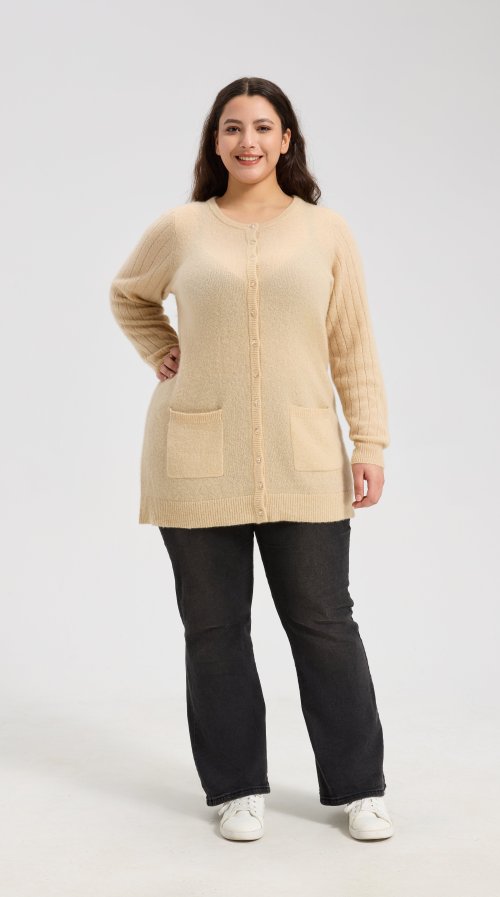 New Design Women's Oatmeal Longline Buttoned Cashmere Cardigan From China