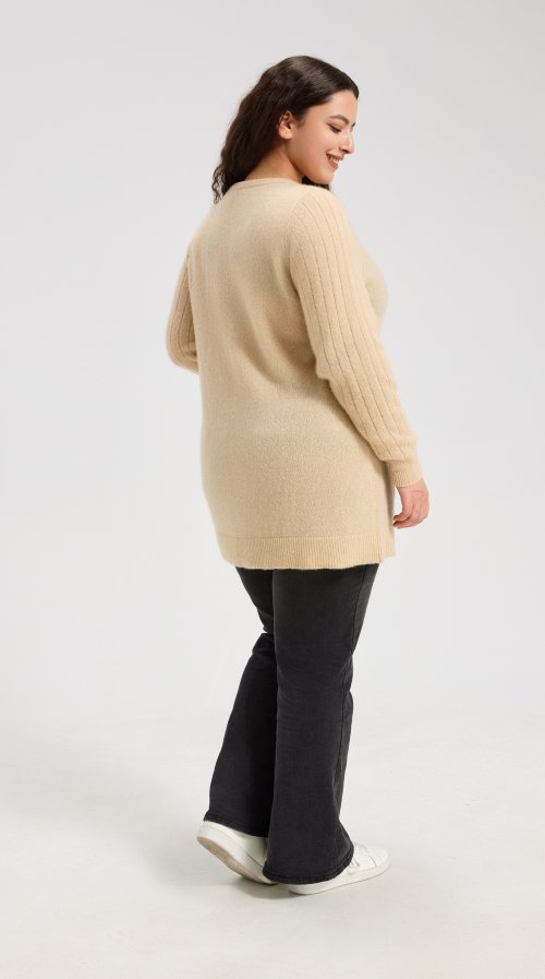 New Design Women's Oatmeal Longline Buttoned Cashmere Cardigan From China