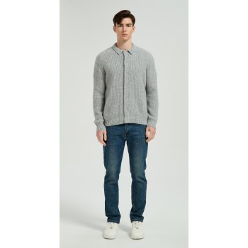 Wholesale Men's Light Grey Waffle-Knit Collared Silk Cashmere Cardigan From China