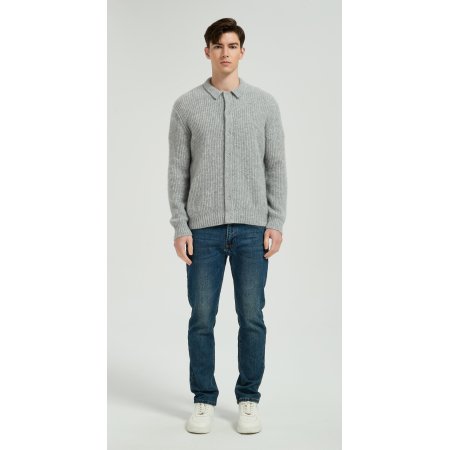 Wholesale Men's Light Grey Waffle-Knit Collared Silk Cashmere Cardigan From China