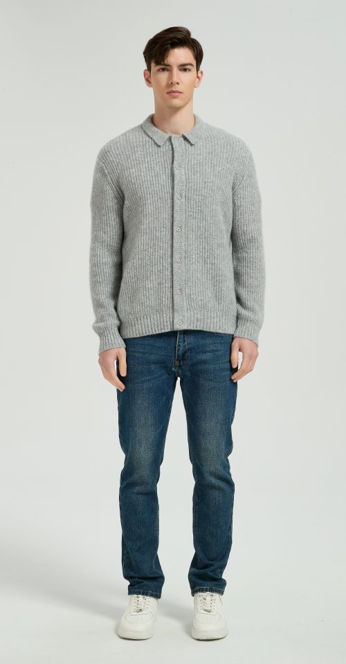 Wholesale Men's Light Grey Waffle-Knit Collared Silk Cashmere Cardigan From China