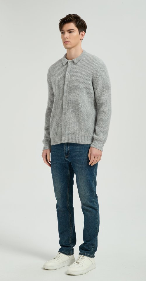 Wholesale Men's Light Grey Waffle-Knit Collared Silk Cashmere Cardigan From China