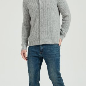 Wholesale Men's Light Grey Waffle-Knit Collared Silk Cashmere Cardigan From China