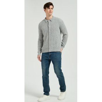 Wholesale Men's Light Grey Waffle-Knit Collared Silk Cashmere Cardigan From China