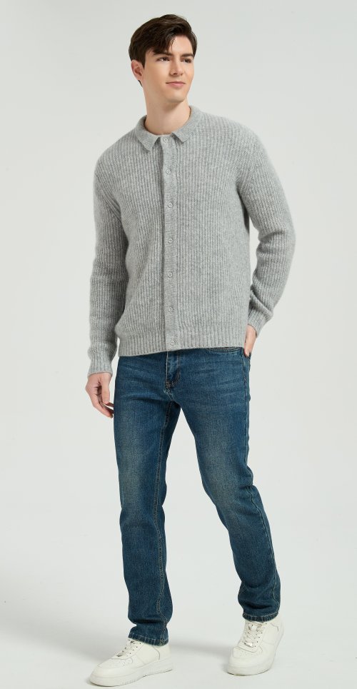 Wholesale Men's Light Grey Waffle-Knit Collared Silk Cashmere Cardigan From China