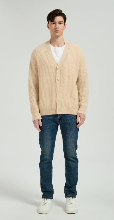 OEM Men's V-Neck Ribbed Button-Up Silk Cashmere Cardigan From Chinese Manufacturer