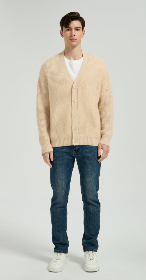 OEM Men's V-Neck Ribbed Button-Up Silk Cashmere Cardigan From Chinese Manufacturer