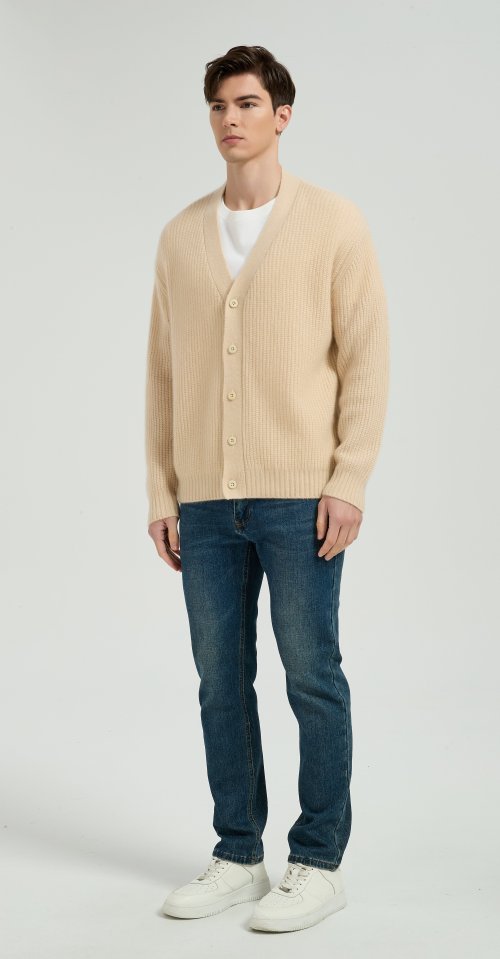 OEM Men's V-Neck Ribbed Button-Up Silk Cashmere Cardigan From Chinese Manufacturer