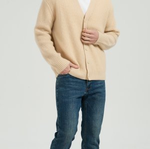 OEM Men's V-Neck Ribbed Button-Up Silk Cashmere Cardigan From Chinese Manufacturer