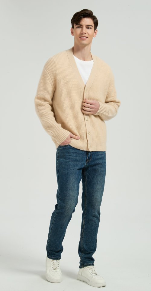OEM Men's V-Neck Ribbed Button-Up Silk Cashmere Cardigan From Chinese Manufacturer